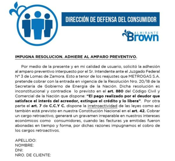 Cascallares presentó un amparo en la justicia para frenar la suba en el gas en Alte Brown